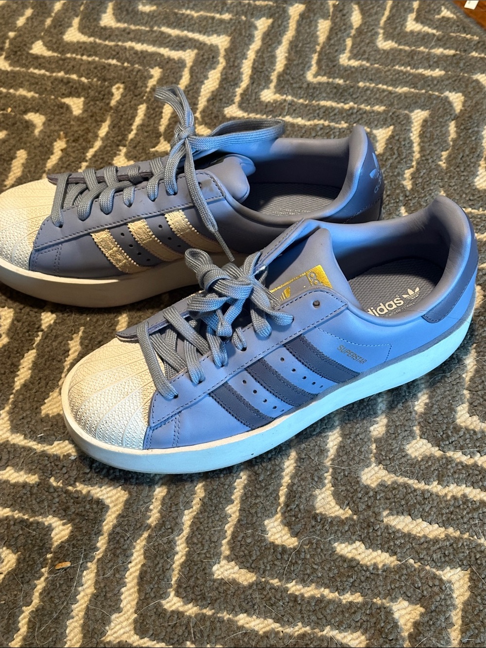 adidas Blue & White Superstar Sneakers with Gold Accents